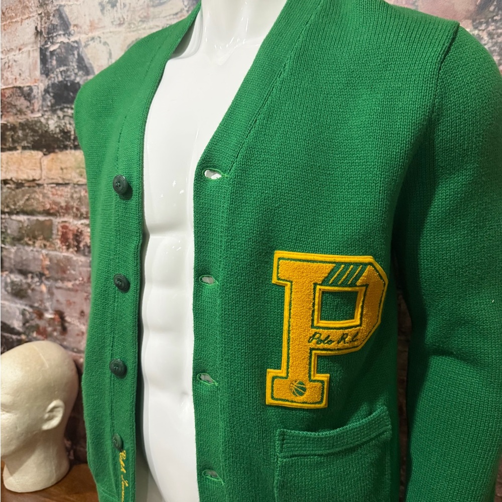 NEW POLO RL Green Cardigan with Yellow Letter P Patch
